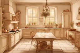 Anton Pieck style very grand house, cream and white coloured kitchen view of stove and white marble floor, shelf with copper pans, vase of wild flowers large wooden table with chairs