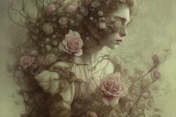 beautiful intricate rose field, soft delicate watercolor, dramatic, perfect composition, by Arthur Rackham highly detailed intricate very attractive beautiful fantastic view watercolor Arthur Rackham Jean-Baptiste Monge Egon Schiele muted tones professional Enki Bilal patchwork watercolor and ink Xuan Loc Xuan