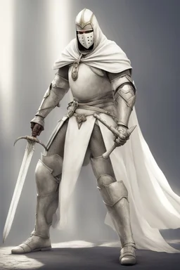 Knight wearing white leather armor and white cape with white face mask, holding a spear