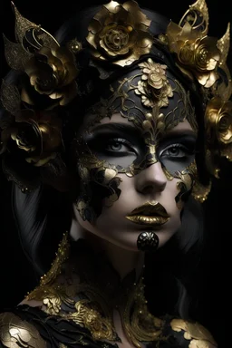 Front view A beautiful frosty vantablack rose headdress adorned beautiful young woman wearing etherialism goled filigree black rose peatals and rose leaves embossed ornated costume ahd metallic filigree botanical Golden glittering half face. Masque organic bio spinal ribbed detail of metallic filigree vantablack background extremely detailed hyperrealistic maximálist concept art