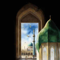 Big person zoom in like the Prophet Muhammad see the jamkaran mosque in Iran has more blue green color and gold for pattern islamic in the dome . one big domes with beautiful lighting . white Daffodil flower in the floor , clouds with small birds in sky with crescent moon of ramdan . painting watercolor ,simple and islamic style , Painting watercolor