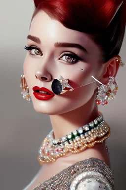 Audrey Hepburn as Harley Quinn Photorealistic dramatic hyperrealistic criyng clown paint ,Crystal black eyes, elegant, by WLOP,Artgerm,Greg Rutkowski, Beautiful dynamic,shadows,Artstation,concept design art,Octane render,8K
