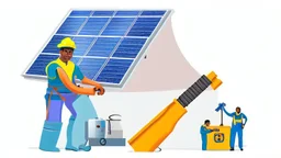 Solar system maintenance and repairs illustration with a black repair man