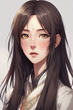 A tall, thin woman with thick long straight dark brown hair, small friendly eyes with an incredulous look. A narrow round face is decorated with a snub nose and small lips, genshin impact style