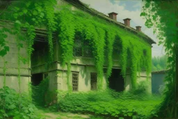 A green warehouse with overgrown vines painted by Alfred Sisley