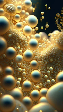 Pearls surround many imaginative Gold human cells from all sides in a wonderful, harmonious cinematic scene