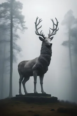 ominous scene of a gigantic stone statue of a deer, standing above a forest, fog and mist, mysterious