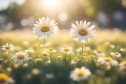 cute chibi smiling faced daisy flowers dynamically playing football in sunshine in sunshine, ethereal, cinematic postprocessing, bokeh, dof