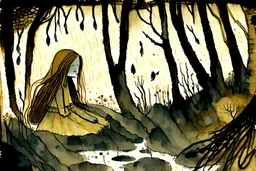 painted and burned burlap, Brown-haired woman unloads the burdens she carries on her back and rests on the edge of the woods by the stream, stones, mist, fog, styles of Paul Klee Dee Nickerson and Tim Burton, melting watercolor and black ink outlines on wet paper, soft, shading strokes, in sunshine, ethereal, cinematic postprocessing, bokeh, dof