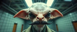 airbrush and pen outline, french art mustache , extreme close up on cheeky fluffy weasel goblin alien military prison guard news anchor elf family scumbag in the style of Escher and Giger and Fallout 4, pinhole cam, airbrush 3d rendering, on tv screen:A five-second cinematic single take in a clean industrial presentation hall.