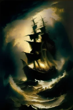 Romantic painting inspired by J. M. W Turner, shipwrecked at sea with people on board, painted in dark colors