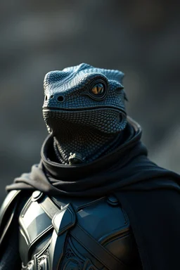 male lizard with jet-black skin, eyes like faceted crystal, wearing full leather armor, a black cloak