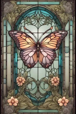 stained glass window design of an overwhelmingly beautiful butterfly framed with vector flowers, long shiny, wavy flowing leaves, polished, ultra-detailed vector floral illustration mixed with hyper realism, muted pastel colours, vector floral details in the background, muted colours, hyper-detailed ultra intricate overwhelming realism in a detailed complex scene with magical fantasy atmosphere, no signature, no watermark