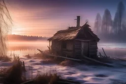 an old dilapidated hut on the lake shore, the sun, next to the forest, severe frost, frost, 4K, high resolution, high detail, 300 mm, f/10.0, 1/1600 ms, HDR+, fantasy, wide range. blue, purple, purple ochre, airy, clouds of smoke, fabulous white landscape, 3D, 16k, surrealism, detailed drawing of details, clear outline, stardust, silk threads, blue, white, lilac, neon, color illustration,, Catherine Welz Stein