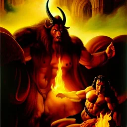 portrait oil on canvas,'And the ten horns which thou sawest upon the beast, these shall hate the whore, and shall make her desolate and naked, and shall eat her flesh, and burn her with fire',comic book cover, mystical colors,insanely detailed,realistic,intrincate detail, 16k resolution, masterpiece,Simon Bisley,Frank Frazetta,Alex Horley,ARTHUR ADAMS