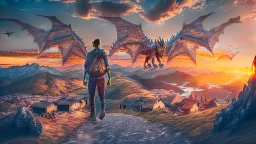 Human with dragon wings flying in the sky with people beneath walking and looking at him up, sunset background with hills, mountains and huts intricate details, shot on 64 megapixels Canon, DSLR camera