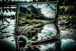 A broken piece of glass old vintage mirror, reflecting its surroundings on the water's surface. The damaged glass creates an interesting visual effect and captures the attention of the viewer, dramatic , weird, thriller, high detalied, realistic