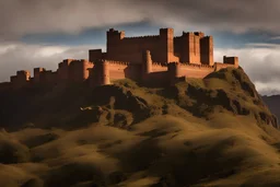 'Agra fort style', low grey granite fortress situated in wood covered Scottish Highlands seen from far away built into the shadows of granite cliffs