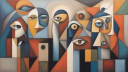 Journey Within the Mind, a painting of a group of people in different colors, a cubist painting, abstract expressionism, a surrealistic bird, eye, minimalism