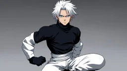 Satoru Gojo is a young tough guy white hair blue eyes black turtleneck without arms white loose pants in a defensive pose