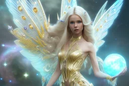  beautiful cosmic fairy, long hair, golden skin, nice smiling, transparent wings, magic glamour make up, delicate colors, beautiful glamour galactique dress, ultra sharp focus, 8k, unreal engine 5, extremely sharp detail, light effect, soft light atmosphere of a spaceship, smooth, full of details, face in front, complete vision of face and hair and body