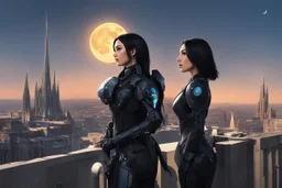 A slim Woman With Black shoulder length hair, Wearing an android-looking suit, standing sideways On a ledge of a building, with a moon Behind Her Head, towering spires and buildings highlighted by the setting sun