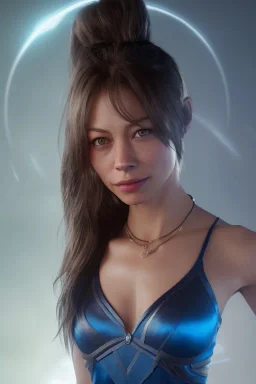 kristin kreuk face, blue chun li clothes, portrait busty and face, wearing blue dress, light effects, particles,