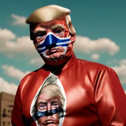 realistic image of donald trump as a mexican wrestling fighter posing outdoors, Mexican eyes wrestling mask, red and blue breeches, suspenders, retro style, 80s, vibrant color, highly detailed, sky background, concept art, unreal engine 5, god rays, ray tracing, RTX, lumen lighting, ultra detail, volumetric lighting, 3d, finely drawn, high definition, high resolution.