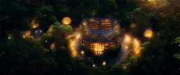 top view a open top huge library in forest with mystic fireflies and orange mystic lights around trees that have wide leaves and broad trunked at night.