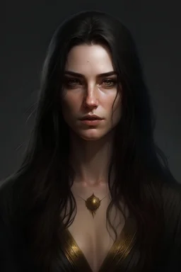 portrait of a 30 year old female antagonist, she is beautiful and has long dark hair, her appearance is like a greek goddess