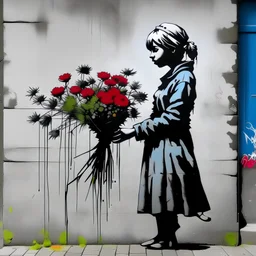 a woman in love, flowers, style of banksy