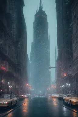 Gotham city, nostalgic, cold, dark blue, gloomy, heavy fog, 8k photorealistic, cinematic lighting, high details, dramatic, atmosphereric