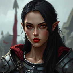 A digital illustration shoot from a portrait camera angle about a portrait of a young woman with striking features. In the middle of the image, a 20 years old woman, an orc, appears to be looking at the viewer lost in thought. she has long black hair, red eyes, and is wearing armour. her face is painted with red lipstick