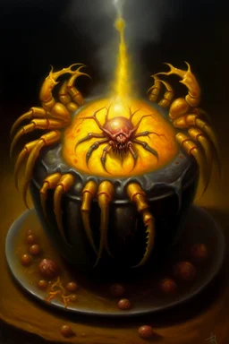 Living cauldron with yellow sigil, slightly demonic crab spider jelly in it, prize winning oil painting