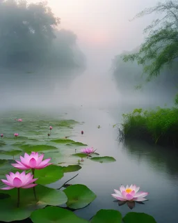 🐊 🌸🌺 landscape a wonderful lotus flowers on river beauty early morning heavy fog cold,a biggest aligator rise up swim on end up on river,high sharpens photography HD,photography realistic colors sharpens