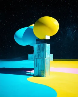 Fotografia di una superficie piatta di colore azzurro chiaro e giallo pastello, su cui si ergono enormi surreali strutture di forma astratta e surreale, di metallo, di colori vari, forti contrasti. Buio. Joan Miró odd style. Strong 3d deep field. Oscurità, paranoic, obsessive, homologic, phobic, nightmare, notte, glossy, hasselblad h6d400c --ar 85:128 --v 6.