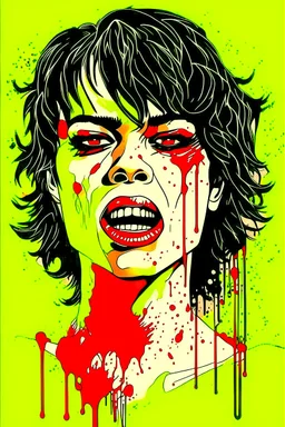 Digital illustration of 90s graphic design collage in Giallo highbrow artistic style portrait of italian actress Asia Argento covered in splattered blood, screaming, her eyes wide in terror, anime semi-realistic, exaggerated realism, macabre fine art, hardcore gore, horrorcut v.2, kandinsky 2.2,