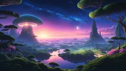"Interconnected space islands, natural and technological, glowing organic strands, twilight space, dreamy, serene, magical. Style of Studio Ghibli, detailed, realistic, 8k."