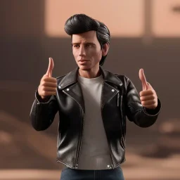 wide view young FonzIe with black hair greaser figure doll 1977 (thumbs-up) (face) Forehead grin, fonzarelli, ((arnold's drive-in)) fonzie