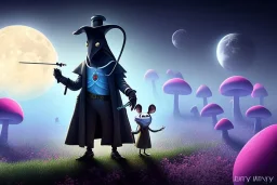 A Plague Doctor and a Mouse expand their minds with psychedelic mushrooms whilst running on the moon, by pixar