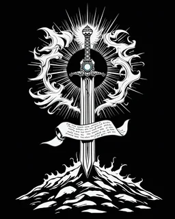 Black and white line drawing- no color A radiant sword planted firmly into the ground, with an aura of light emanating from its blade. The hilt is encrusted with jewels and engraved with the word "Spirit." Around the sword, swirling patterns of wind and fire symbolize the power of the Holy Spirit. A scroll containing scripture flows gracefully around the sword, representing the Word of God.