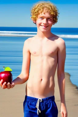 full body image of a beautiful 12 year old boy with long, blonde curly hair and light blue eyes, smiling, holding an apple in his right hand, shirtless, in front of a distant beach