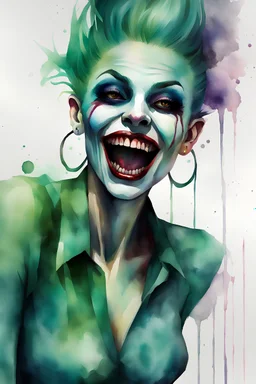 a multicolored, watercolor stained, wall in the background, inspired by all the works of art in the world - laughing - Millie Miller, an extremely tiny, thin, voluptuous beautiful vampire werewolf zombie Joker female with an emerald mohawk, full body image, wearing a skinsuit, Absolute Reality, Reality engine, Realistic stock photo 1080p, 32k UHD, Hyper realistic, photorealistic, well-shaped, perfect figure,