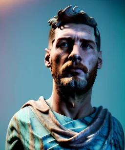 Gran angular, Realistic image, roman sculpture, marble deluxe material, Lionel Messi with Laurel wreath model, miguel angel style, emperador, God light, god rays, 4k resolution, smooth details, ornate details, soft lighting, unreal engine 5, soft cyan background.