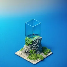 The Isometric Glass Tall Box Mini Model Little Real Island Mixed Water Fall Under Ocean Sunshine Summer Background Blue Sea, The Last Of Us / Avatar, Octane Render / ZBrush, Cinematic, IMAX Film, Nikon D750, 16K, Autostereoscopy, Anthropomorphic, Golden Ratio, Geometry, Symmetric, Depth Of Field, Highly Detailed, Ultra Realistic, Beautiful Lighting, Halfrear Lighting, Soft Light, Candoluminescence, Cast Shadow, Reflective, Glow, Translucent, Normal Map, Carbonated --testp