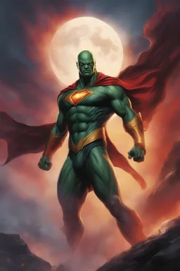 Martian Manhunter, Strong, athletic physique, action poses, battle scars, blood, foggy, cloudy background, multicolored lightning, flowing lava, Full Eclipse, aliens, explosions, bright, vibrant, extremely colorful, detailed, blood red skies