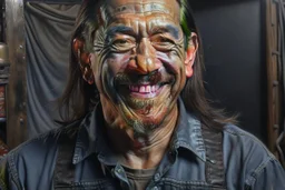 Fotorealistisch Danny Trejo breit grinsend mit offenem Haar in ölverschmiertem Mechaniker Overall