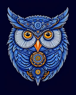 Portrait of an owl, steampunk, indigo blue, colorful, illustration, highly detailed, simple, smooth, and clean vector, no jagged lines, vector art, smooth, made all with grey colored gears inspired by future technology