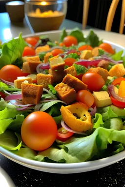 A colorful salad made with locally sourced ingredients: Imagine a vibrant salad filled with fresh greens, juicy tomatoes, and crunchy croutons. The salad is topped with a tangy vinaigrette made with locally sourced ingredients.