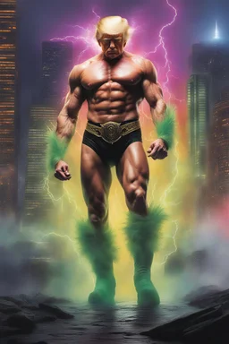 Extremely Muscular, Donald Trump as 'Maga Man,' the greatest superhero in history, Extremely Muscular, overly exaggerated muscles, Skintight, formfitting bodysuit, cape, boots, Multicolored vortex, multicolored lightning, neon lit futuristic cityscape, mist, fog, speed, extremely overexaggerated musculature, "MAGA MAN"